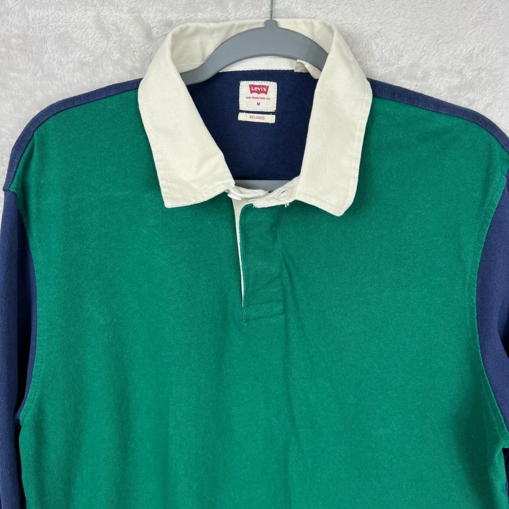 Levis Mens Relaxed Fit Rugby Shirt Green Navy Blue Long Sleeve‎ Polo M Preppy